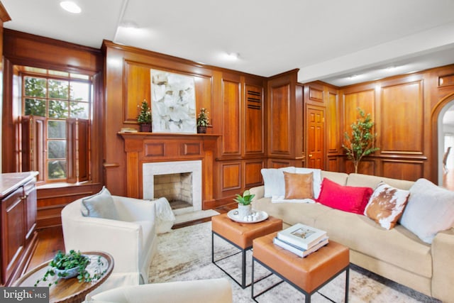 1791 Warrenton Rd, Fredericksburg, VA 22406 - living area with wood finished floors, a decorative wall, a high end fireplace, arched walkways, and wood walls