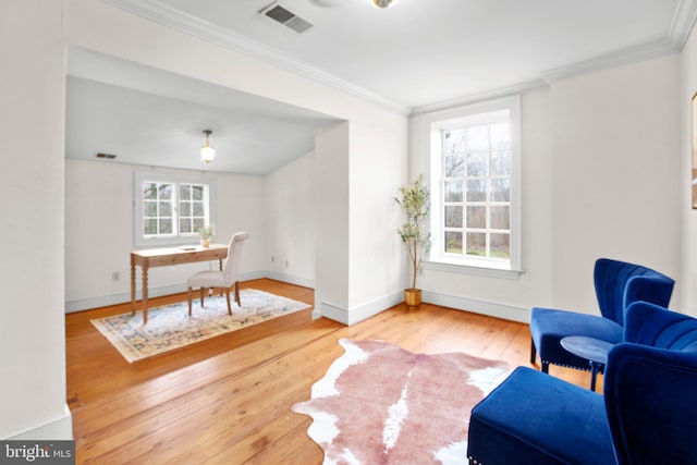 1791 Warrenton Rd, Fredericksburg, VA 22406 - living area with ornamental molding, healthy amount of natural light, wood-type flooring, and an office area