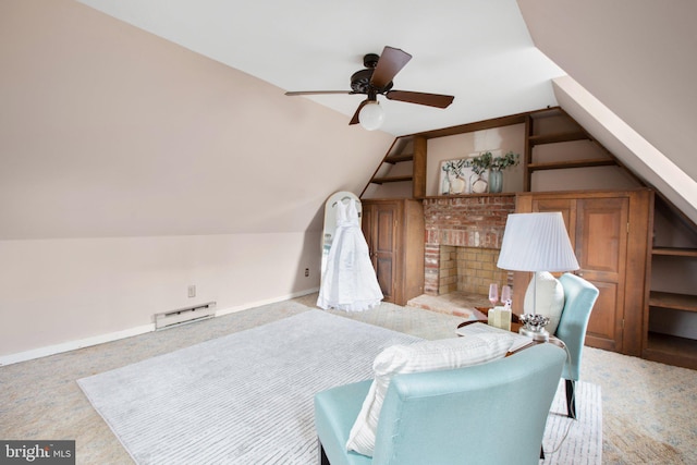 1791 Warrenton Rd, Fredericksburg, VA 22406 - living area featuring carpet flooring, a baseboard heating unit, vaulted ceiling, and a ceiling fan
