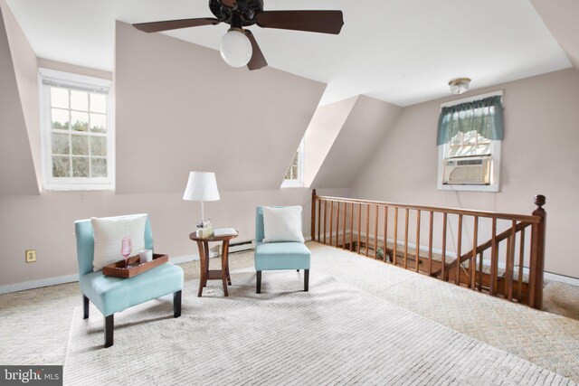 1791 Warrenton Rd, Fredericksburg, VA 22406 - living area with a ceiling fan, carpet, cooling unit, an upstairs landing, and a baseboard radiator