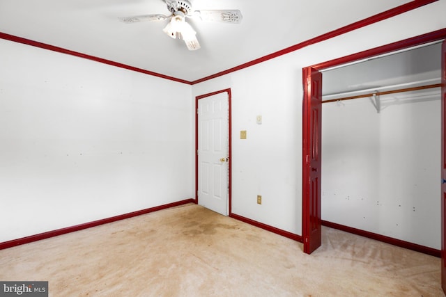 1791 Warrenton Rd, Fredericksburg, VA 22406 - unfurnished bedroom with carpet floors, a closet, ornamental molding, and a ceiling fan