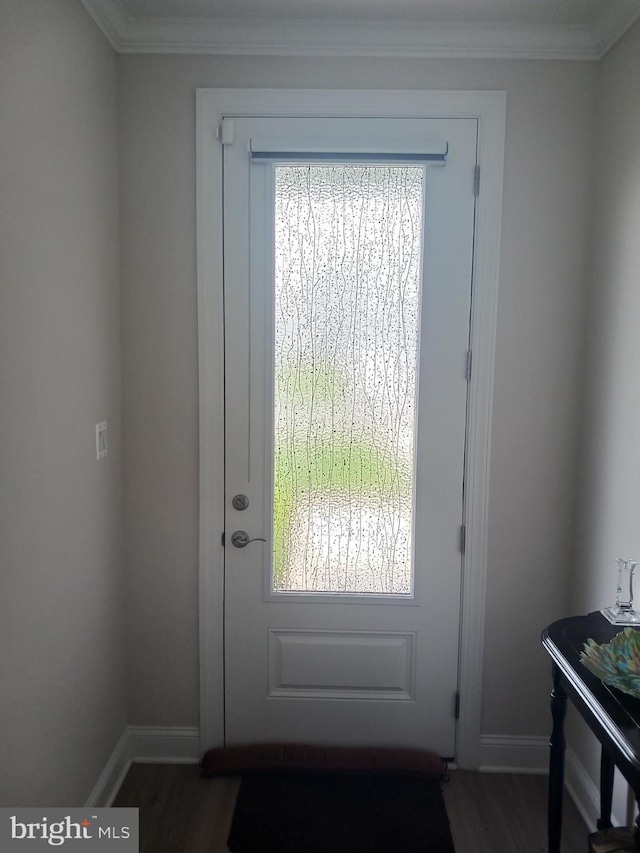 doorway with ornamental molding, dark hardwood / wood-style flooring, and a healthy amount of sunlight