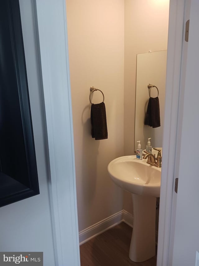 bathroom with hardwood / wood-style flooring