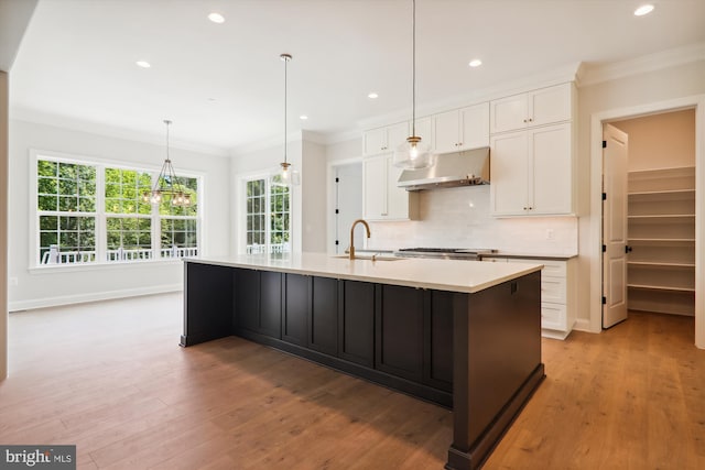 kitchen with pendant lighting, white cabinetry, a large island with sink, and light wood-type flooring