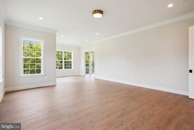 spare room featuring light wood-type flooring and crown molding