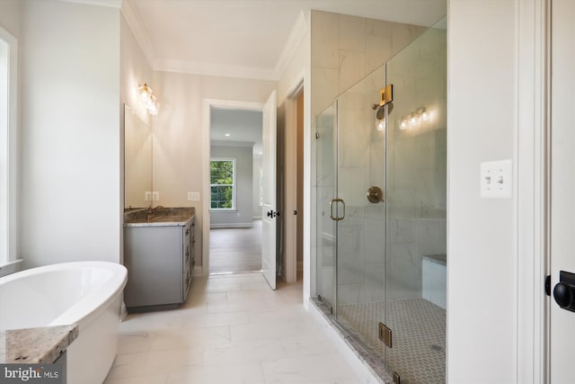 bathroom with crown molding, independent shower and bath, and vanity