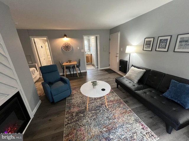 living room featuring dark wood-type flooring