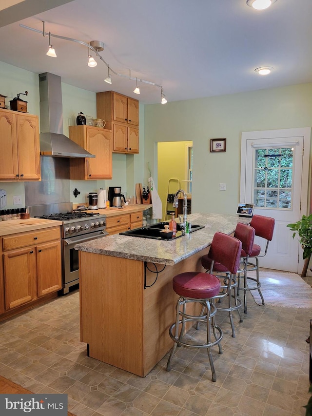 kitchen with sink, a center island with sink, wall chimney exhaust hood, and stainless steel range with gas stovetop