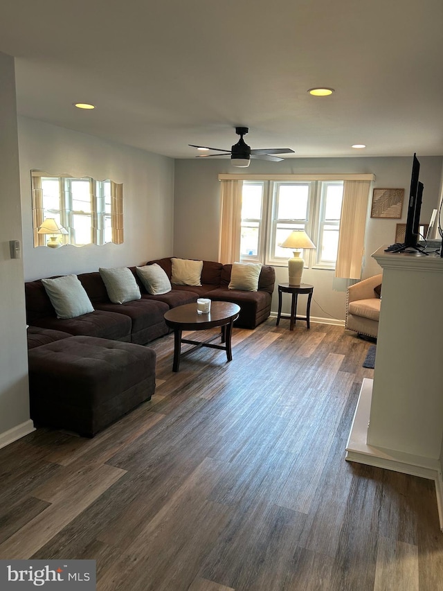 living room with a wealth of natural light, ceiling fan, and dark hardwood / wood-style floors