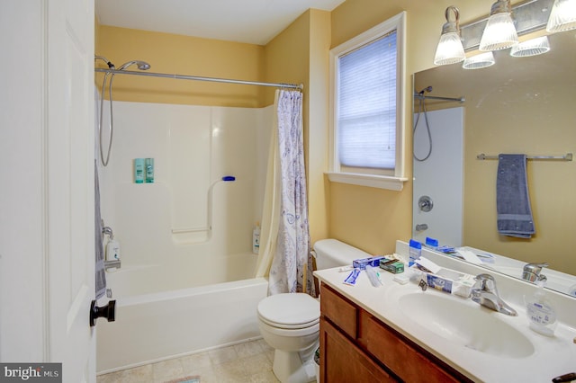 full bathroom with shower / bathtub combination with curtain, tile flooring, vanity, and toilet