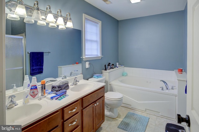 full bathroom with tile flooring, shower with separate bathtub, toilet, and double sink vanity