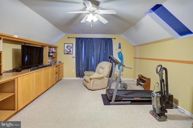 exercise room with light carpet, ceiling fan, and lofted ceiling