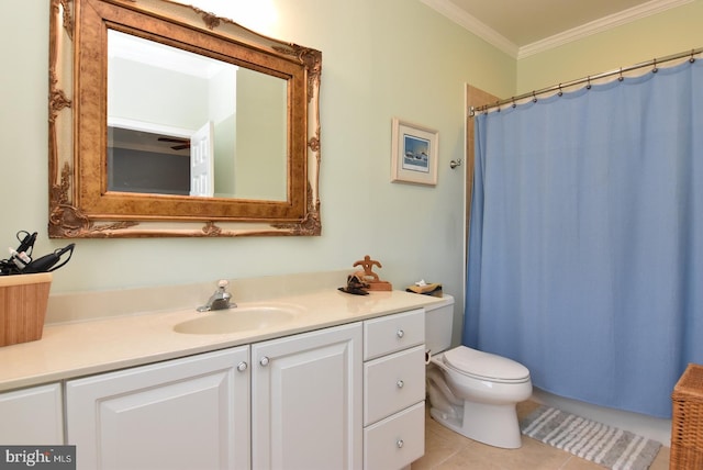 carpeted bedroom with ceiling fan and ornamental molding