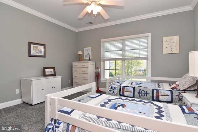 bedroom featuring ceiling fan, light colored carpet, and ornamental molding