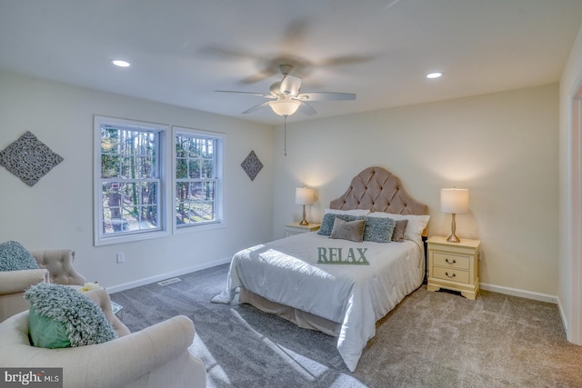 bedroom featuring carpet flooring and ceiling fan