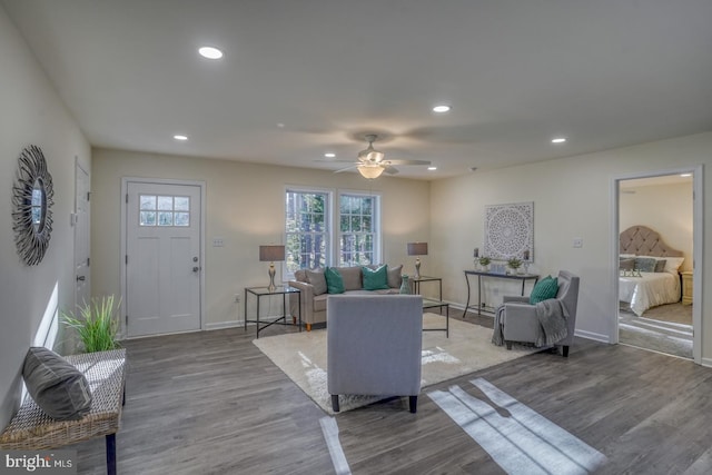 living room with ceiling fan and hardwood / wood-style floors