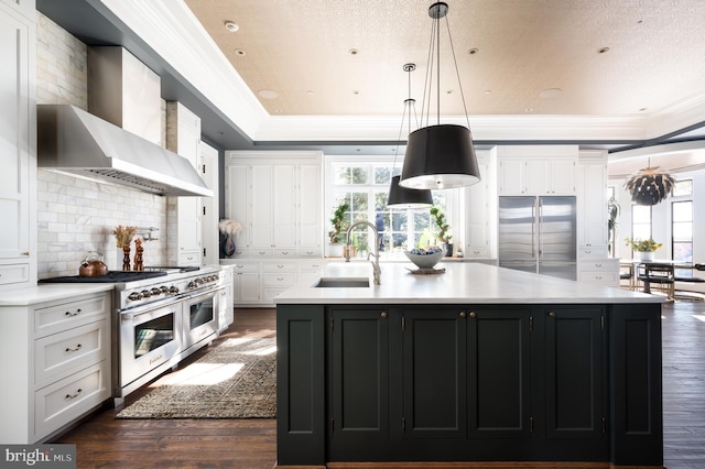 kitchen featuring high end appliances, dark wood-type flooring, a center island with sink, sink, and wall chimney exhaust hood