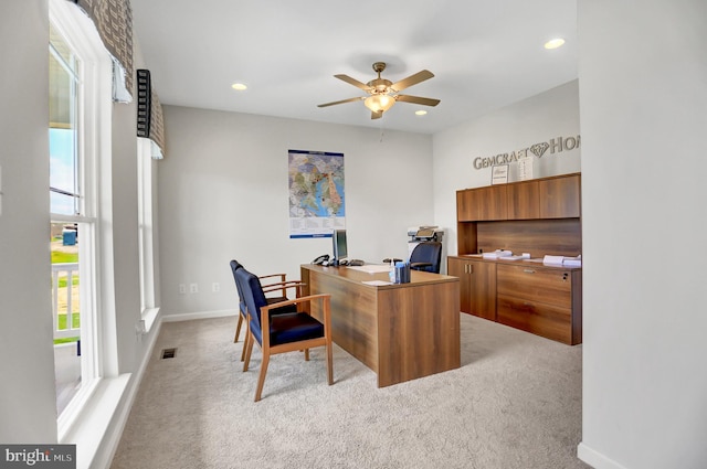 office space with light carpet, visible vents, baseboards, and recessed lighting