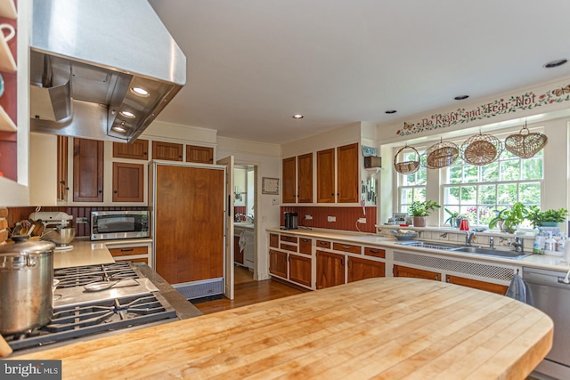 kitchen with backsplash, island range hood, hardwood / wood-style flooring, sink, and appliances with stainless steel finishes