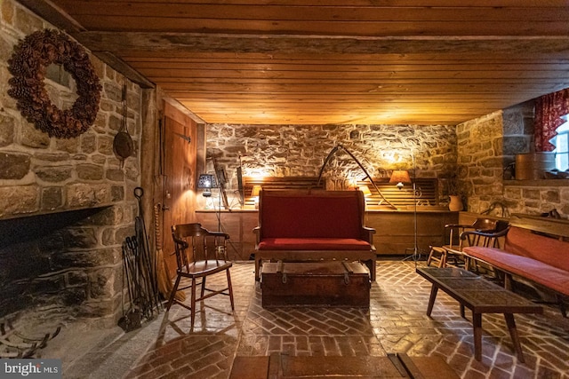 sitting room with wood ceiling