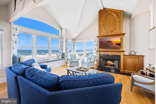 living room featuring high vaulted ceiling, light hardwood / wood-style flooring, a fireplace, and a water view