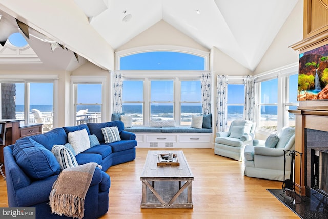 living room with a healthy amount of sunlight, light wood-type flooring, and a water view