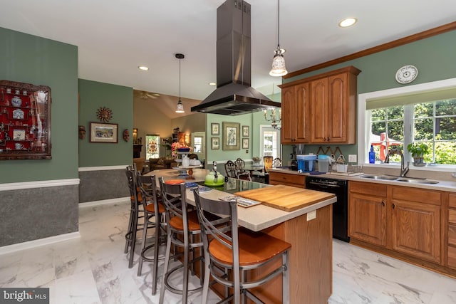 kitchen with a kitchen breakfast bar, sink, a kitchen island, black dishwasher, and island range hood