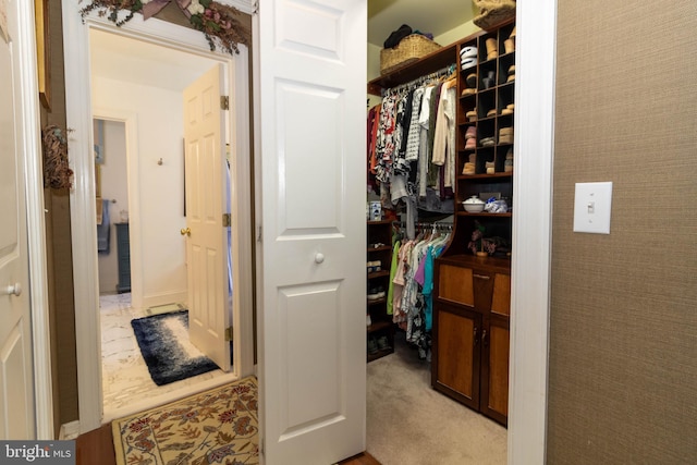 walk in closet with light carpet