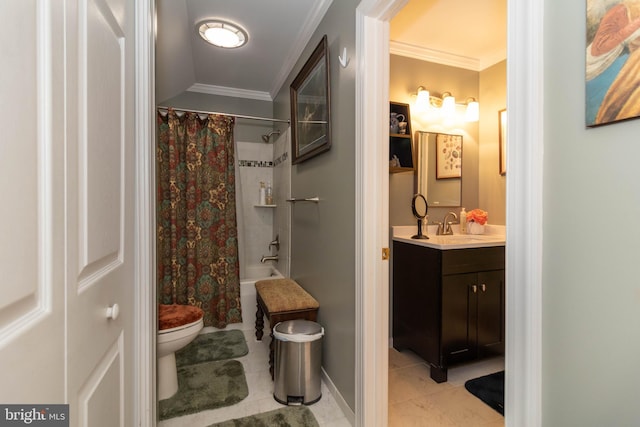 full bathroom featuring vanity, tile patterned floors, toilet, ornamental molding, and shower / tub combo with curtain