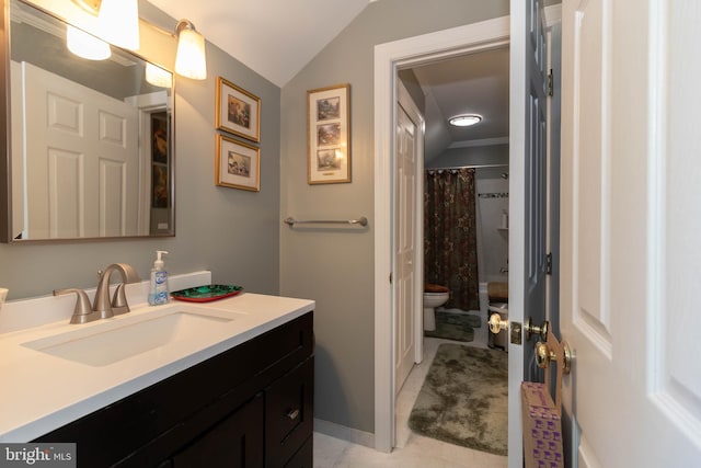 bathroom with a shower with shower curtain, tile patterned floors, vanity, toilet, and lofted ceiling