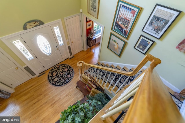 entryway with wood-type flooring, plenty of natural light, and a high ceiling