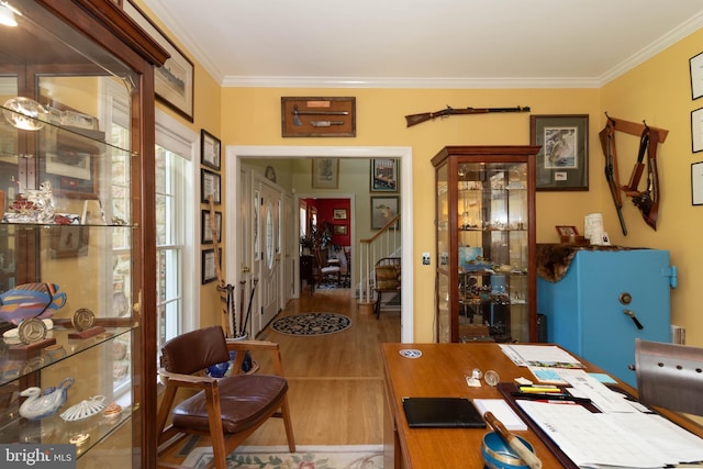 office featuring hardwood / wood-style flooring and crown molding