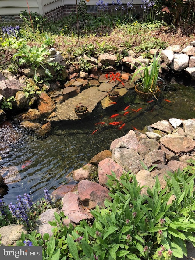 exterior details with a garden pond