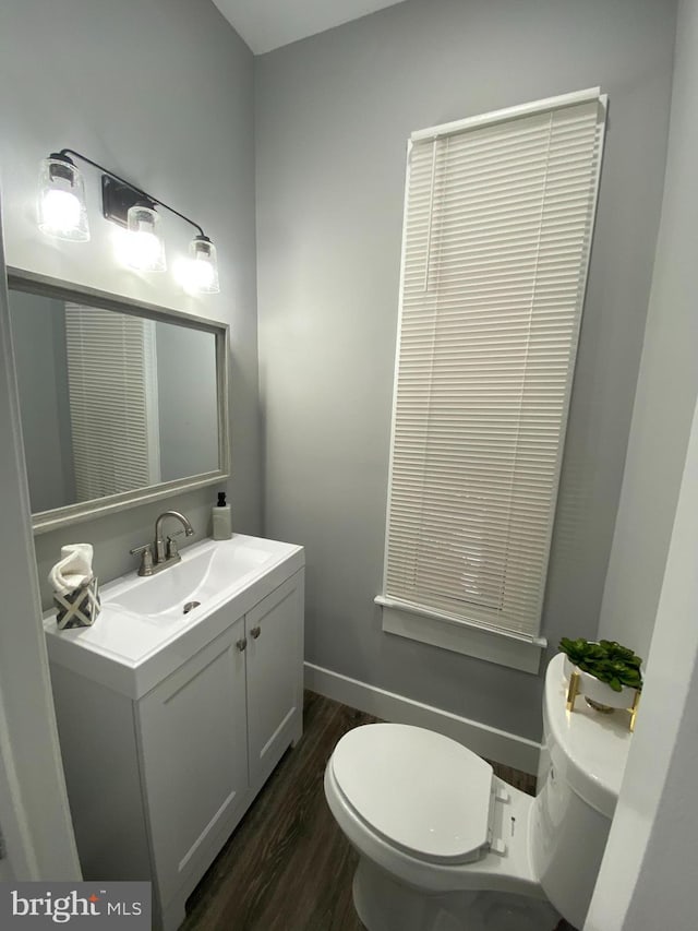 bathroom featuring vanity, wood-type flooring, and toilet