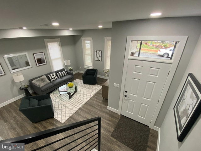 living room with dark hardwood / wood-style flooring