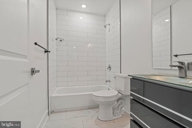 full bathroom featuring tiled shower / bath combo, tile flooring, toilet, and vanity