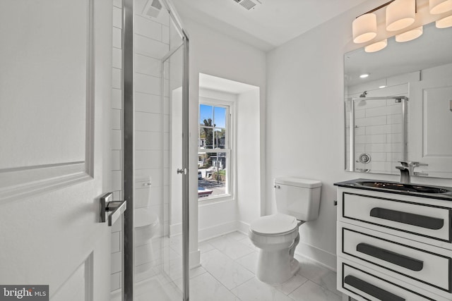 bathroom with walk in shower, oversized vanity, toilet, and tile floors