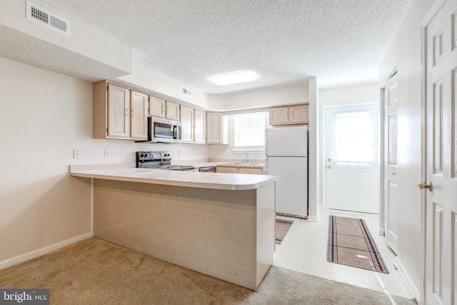 kitchen with light brown cabinetry, light carpet, kitchen peninsula, and stainless steel appliances