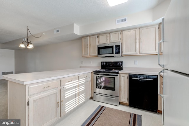 kitchen with hanging light fixtures, kitchen peninsula, a notable chandelier, light brown cabinetry, and appliances with stainless steel finishes