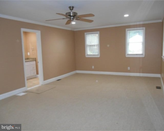 interior space featuring carpet, ensuite bath, ceiling fan, and ornamental molding