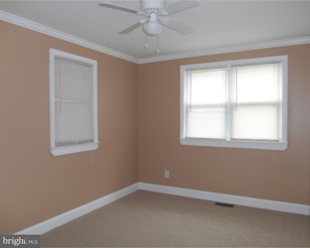 spare room featuring carpet flooring, ceiling fan, and crown molding