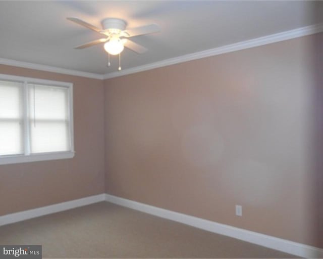 unfurnished room featuring ornamental molding, carpet, and ceiling fan