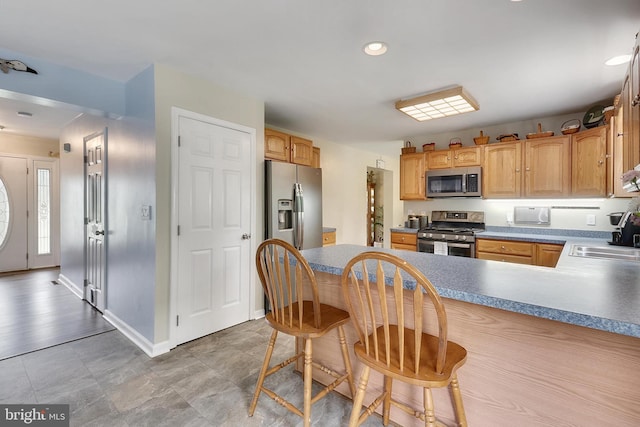 kitchen featuring kitchen peninsula, stainless steel appliances, and sink