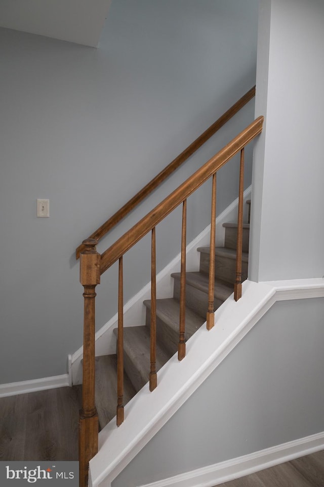 stairs with dark hardwood / wood-style flooring