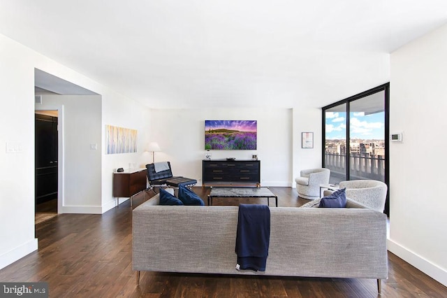 living room with dark hardwood / wood-style floors