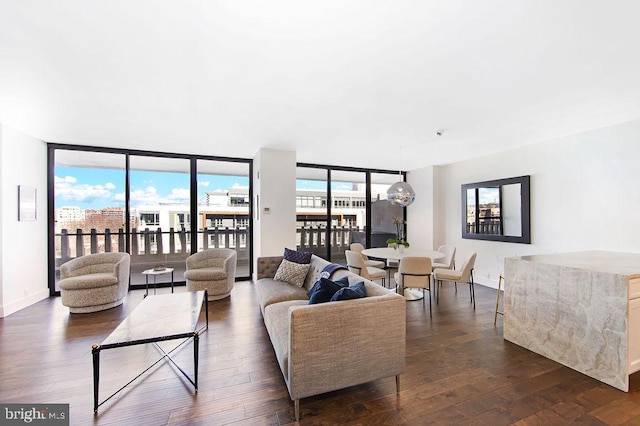 living room with expansive windows and dark hardwood / wood-style flooring