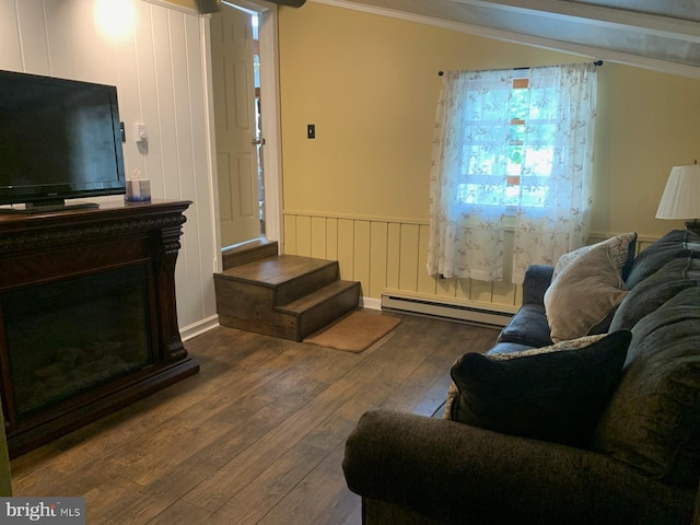 living room featuring ornamental molding, dark hardwood / wood-style floors, and baseboard heating