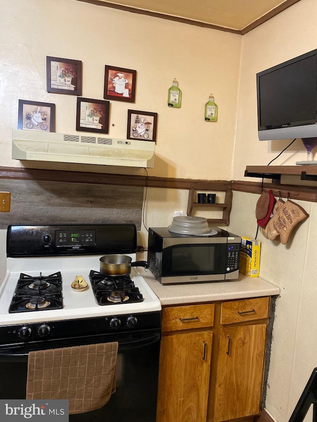 kitchen with white range with gas stovetop and exhaust hood