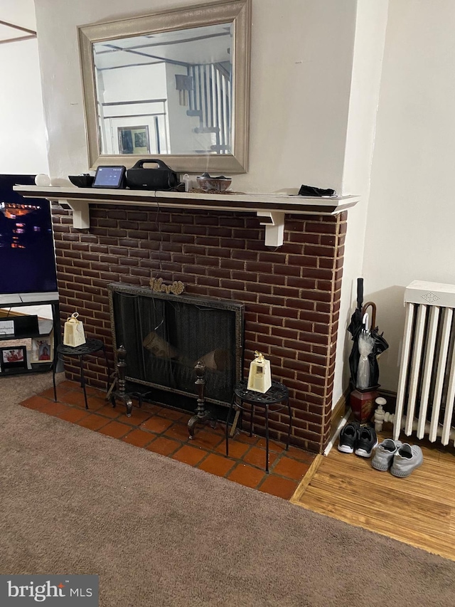 details with carpet floors and a fireplace