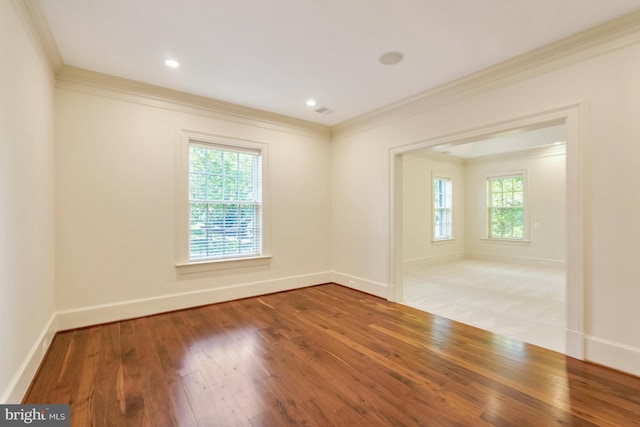 empty room with wood-type flooring, plenty of natural light, and crown molding